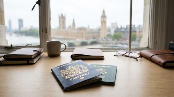 A British passport beside a second passport on a desk with the London skyline beyond