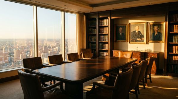 A private family-office boardroom with ancestral portraits overlooking a city, representing a family investment company