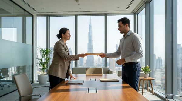 An advisor handing a UAE Golden Visa folder to a client in a Dubai office