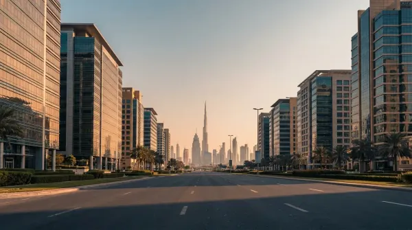 Sheikh Zayed Road office towers leading to the Burj Khalifa, evoking mainland company setup in Dubai