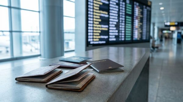 Passports from several countries beside an airport departure board, representing global mobility rankings