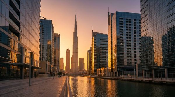 The Dubai Business Bay skyline at golden hour, representing a UK founder relocating their business to Dubai