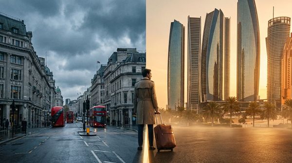 A professional with a suitcase between a grey London skyline and a sunlit Dubai skyline