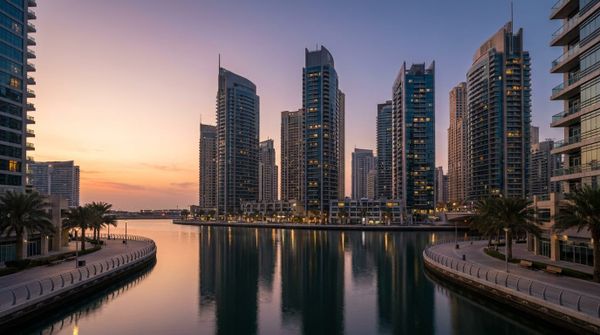 Dubai Marina modern towers at dusk, representing a French founder setting up a Dubai company
