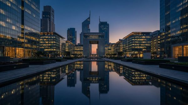 The DIFC financial district at blue-hour dusk, representing a German founder setting up a Dubai company