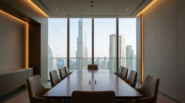 A modern Dubai boardroom with a floor-to-ceiling skyline view, representing an Italian founder setting up a Dubai company