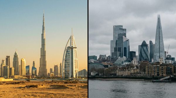 A split image of the Dubai and London skylines, comparing UAE and UK corporate tax
