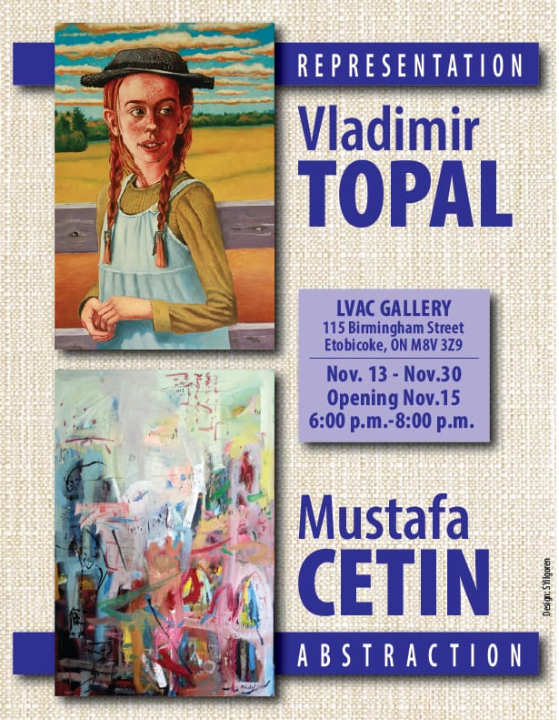 A painting of a young girl wearing a gray hat and red braids, and a colourful abstract painting. See post text for exhibition details.