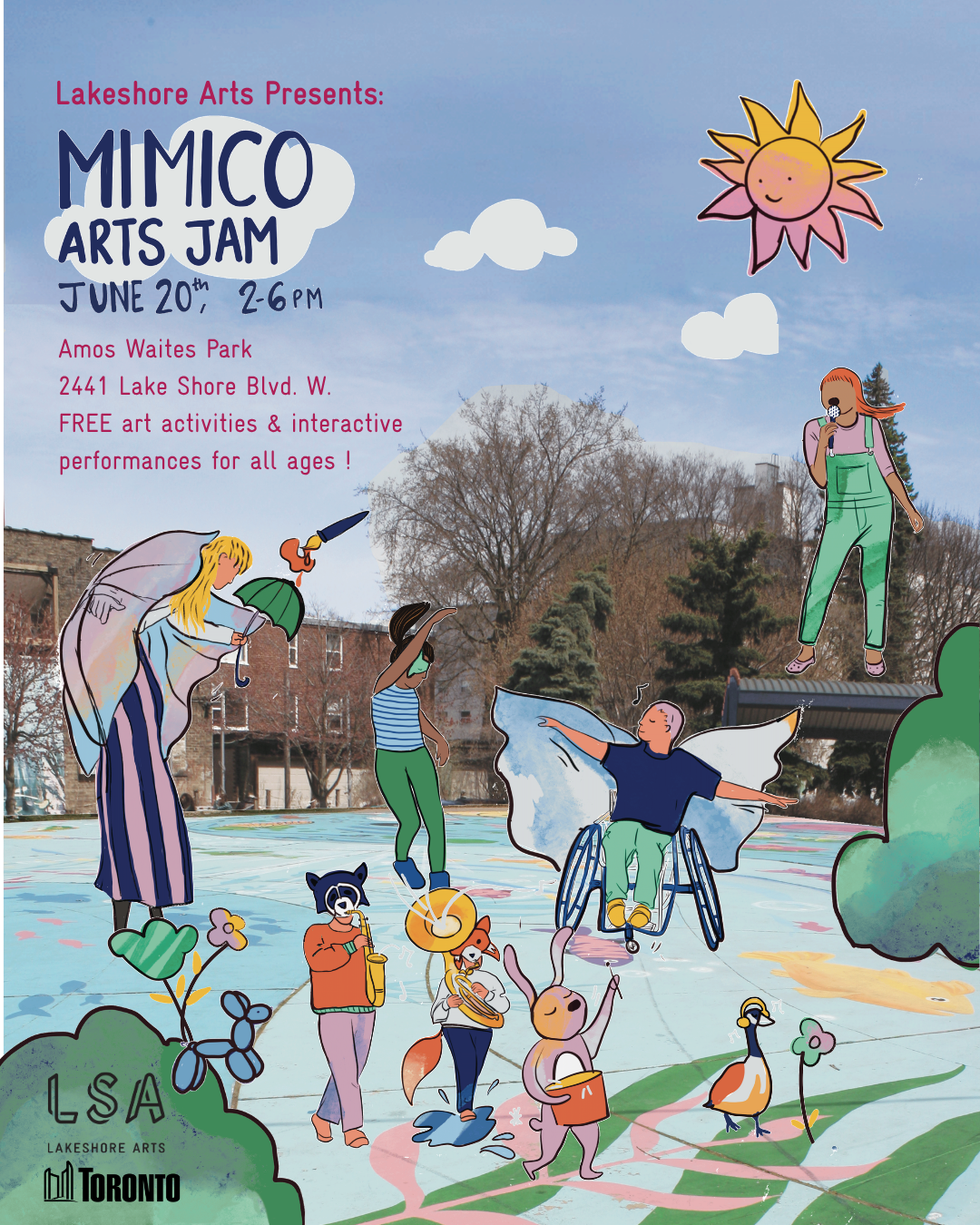 A crowd of illustrated animals and people, one with wings and a wheelchair, who are dancing and playing musical instruments in a park. Poster text in post.