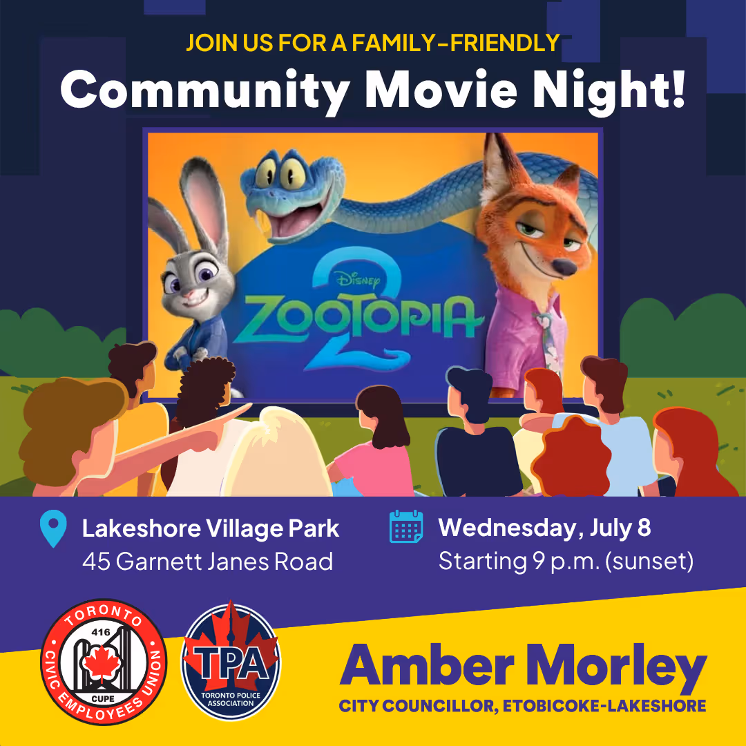 An audience gathered outdoors in front of a screen showing the film Zootopia 2. Text in post.