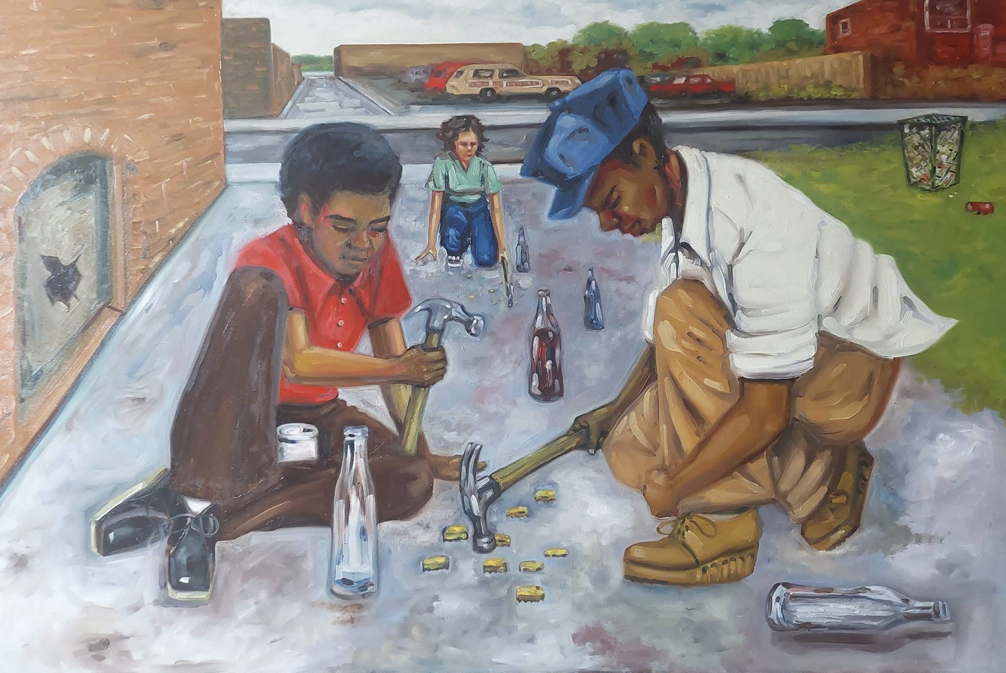 Two Black boys and a white girl crouch in an alley, hammering bottlecaps flat against the pavement.