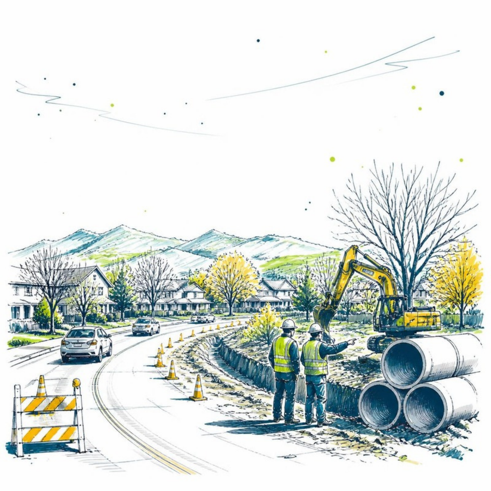 Pen-and-ink sketch of road construction with barricades, storm sewer pipes and workers on a suburban street