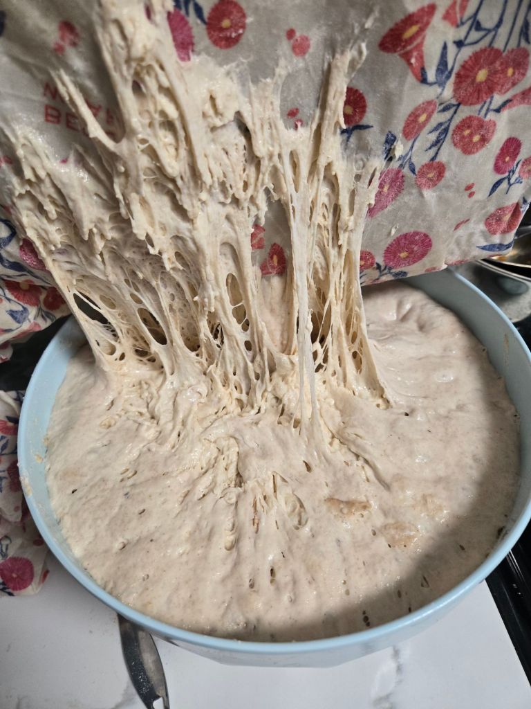 A bowl of very moist dough sticking dangerously to the beeswax cover, which is being lifted over it