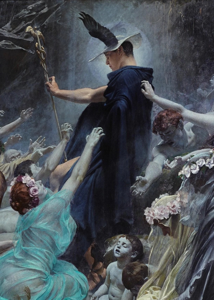 adolf hiremy-hirshl painting of Hermes in a realistic style with a group of people reaching up toward him