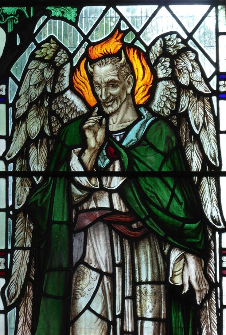 Lucifer in a stained glass window, intelligently pleased with himself. He has tiny horns, fire surrounding his head, and a smirk.