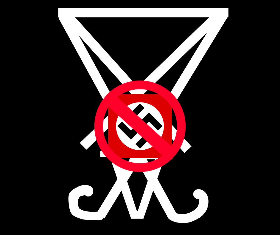 A white drawn Luciferian symbol of Asia interposed over it a stop sign over the Nazi flag