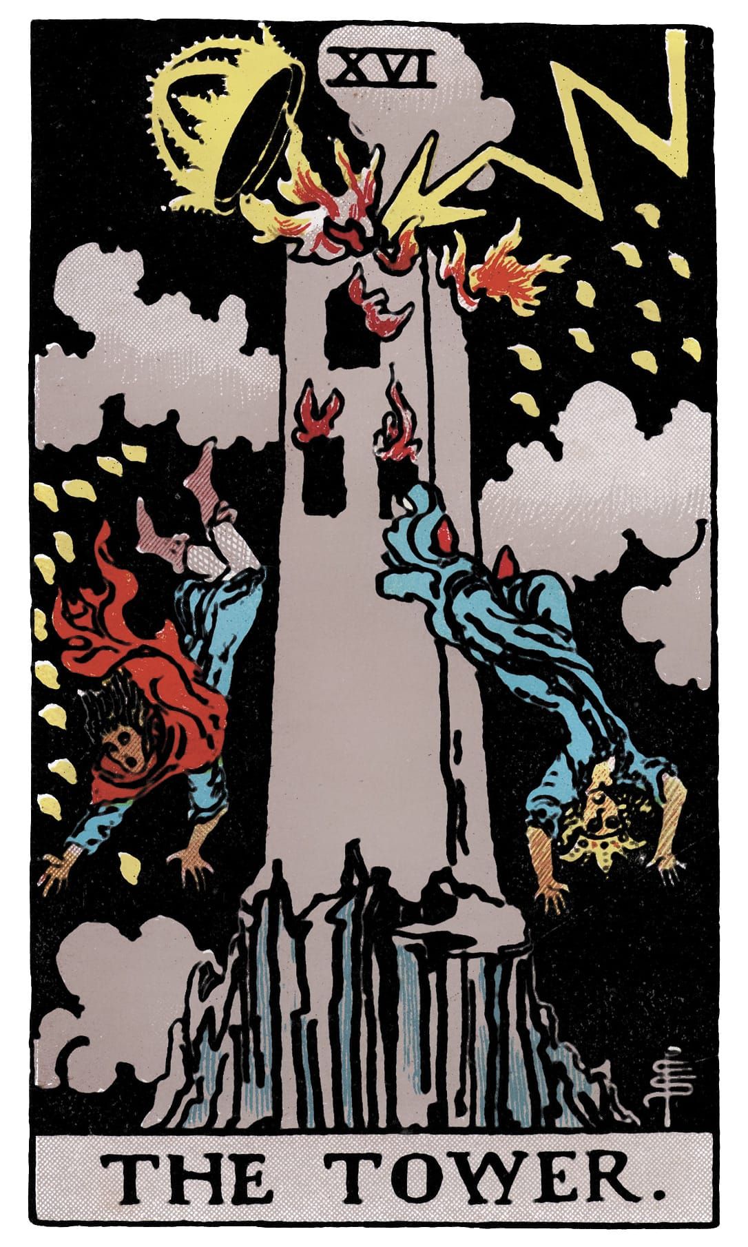 The Tower Rider-Waite-Smith card. A tower is struck by lightning, a crown is lifted off its top. The windows are filled with flames and two people are mid jump out of the building