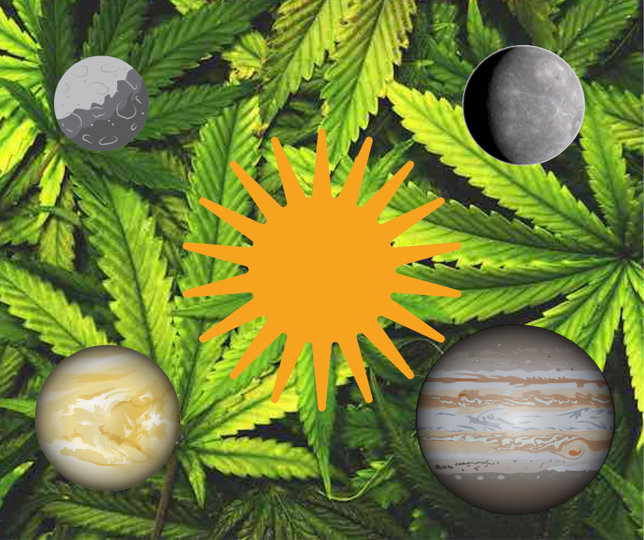 A sun cartoon in the center with the moon on the top left, mercury on the top right, venus on the bottom left, and jupiter on the bottom right laying over cannabis leaves