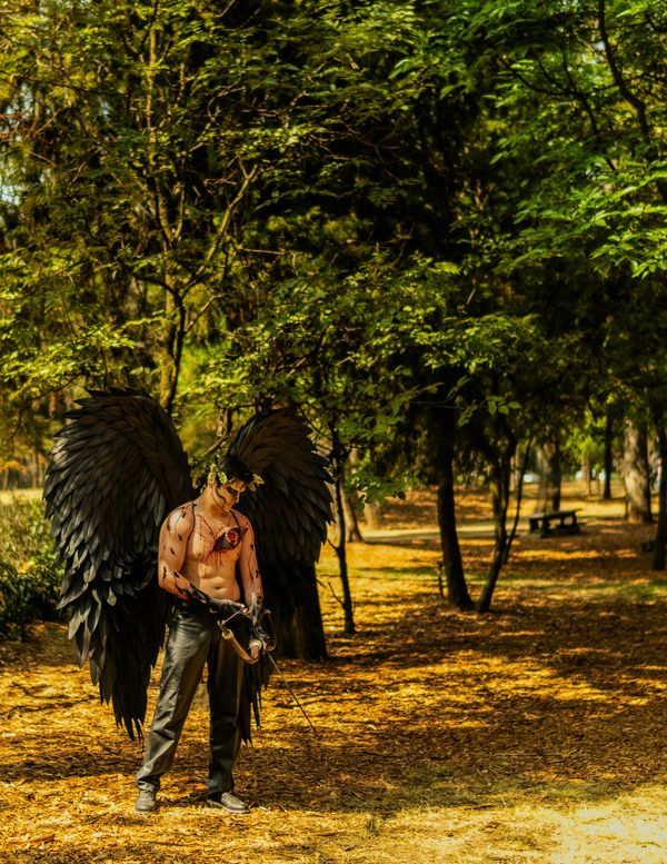 Man dressed in black feathered wings in front of an outdoor park of some kind. His skin is marked with fake blood