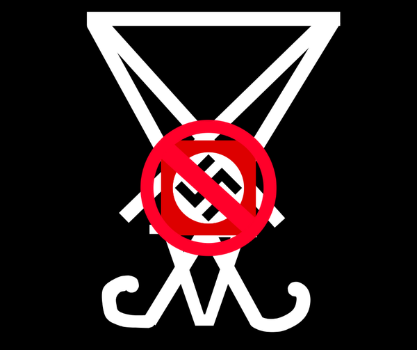 A white drawn Luciferian symbol of Asia interposed over it a stop sign over the Nazi flag