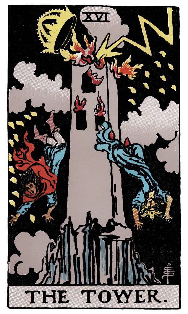 The Tower Rider-Waite-Smith card. A tower is struck by lightning, a crown is lifted off its top. The windows are filled with flames and two people are mid jump out of the building