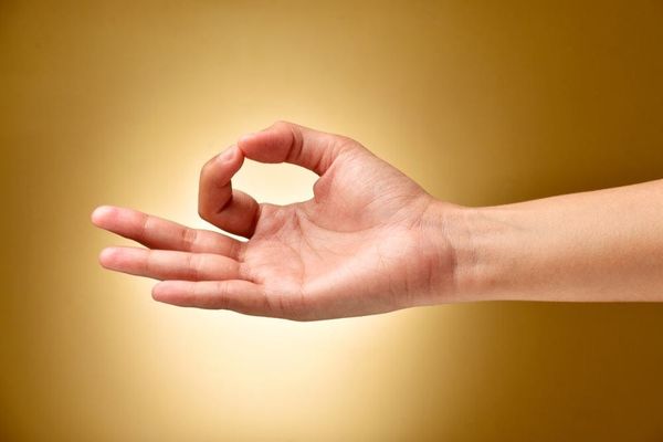 White palm held out sideways with the tips of the pointer finger and thumb connecting. The other three fingers lay out straight