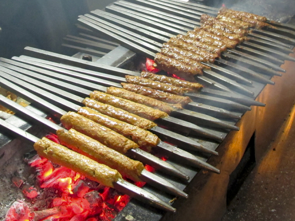 Mutton seekh kebabs off the street in Old Delhi, India.