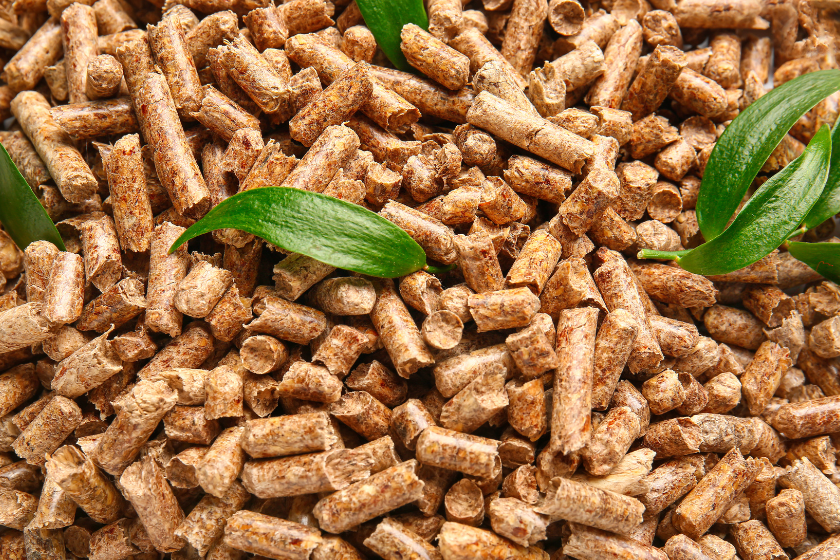 un tas de granulés de bois avec des feuilles vertes