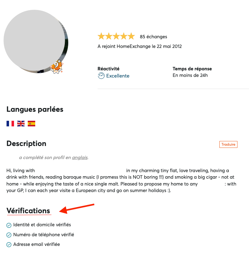 Exemple de profil sur HomeExchange