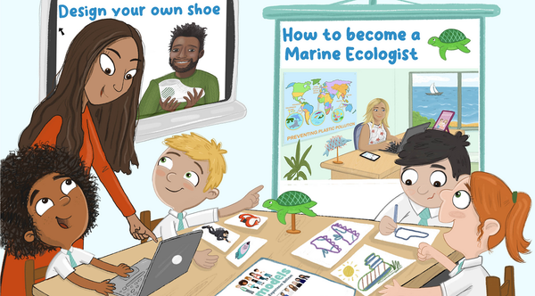 Illustration of a teacher guiding four children in a classroom through Romodels’ lesson about ‘How to become a Marine Ecologist