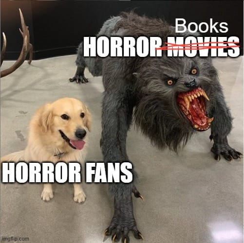 A dog sitting next to a monster with creepy teeth