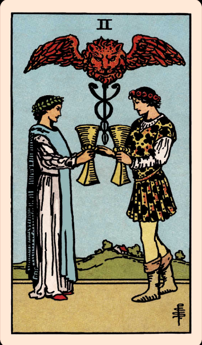 Two people in ancient garb stand in a field facing each other, each holding onto a golden chalice.