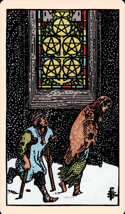 Two people (one on crutches) trod through the snow with a stained glass window above them.