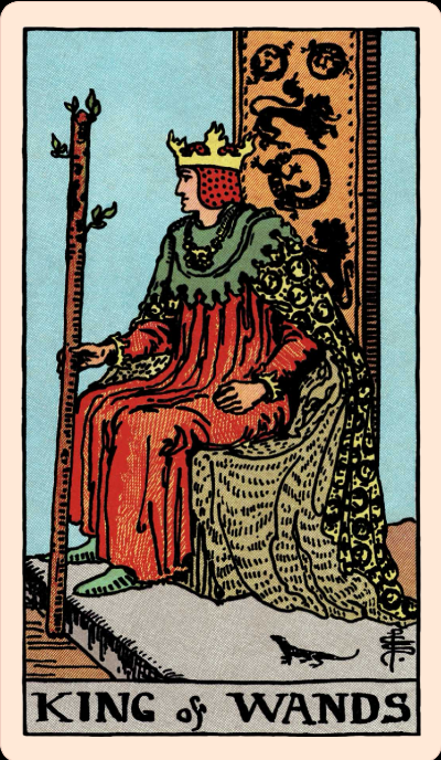 A king sits on his throne with a wand/staff. He is enrobed in red and gold clothes. A small lizard sits at his feet.