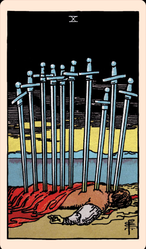 In the 10 of Swords card, a person lays on the ground with 10 swords sticking out of their back. The sky is dismal.