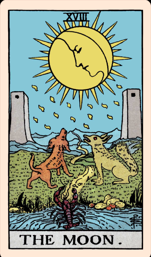 The Moon card in Rider-Waite-Smith deck features a full moon between two towers, a dog and a wolf, and a crustacean coming out of a river.