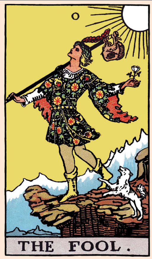 A young person carrying a knapsack with a white dog at their heel is about to gleefully step off a cliff 