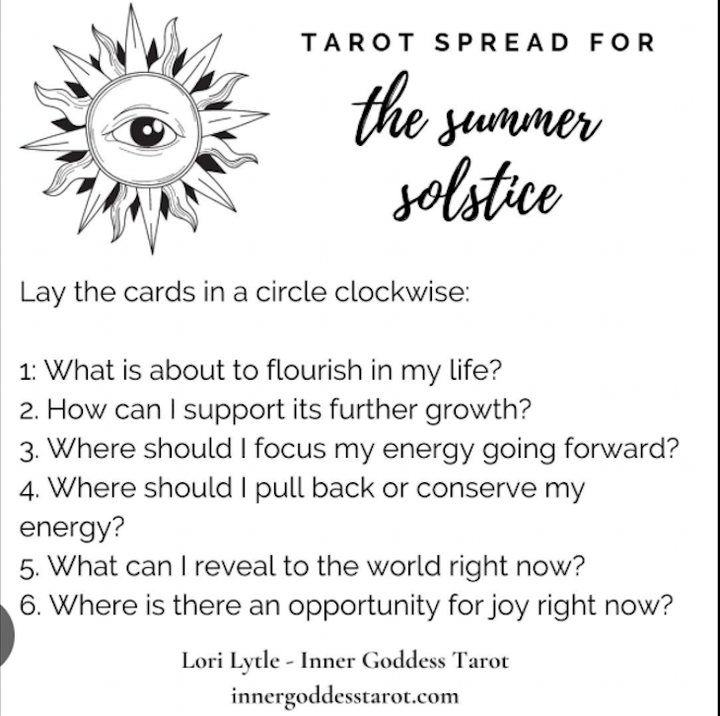 Tarot spread for summer solstice with 6 card options listed