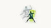 Editorial illustration of a Saudi Arabia number 9 footballer celebrating, seen from behind against cream paper, blue grey halftone and a lime accent.