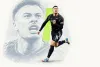 Editorial illustration of Gabriel Martinelli in Arsenal’s black away kit