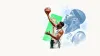 A Dubai basketball player in white reaches up with the ball as a defender contests the shot, in a cream, blue-grey and green collage.