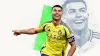Cristiano Ronaldo smiles and points in an Al Nassr yellow shirt, shown in a cream, blue-grey and green collage.