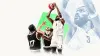 Dubai Basketball player in white shoots over two Partizan defenders in a cream, blue-grey and green editorial collage.