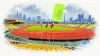 An athletics stadium with a red running track, yellow seating and flags, shown in a cream editorial collage.
