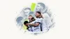 Editorial collage of Al Jazira players celebrating in white and black kits, with a faded blue gray halftone group and lime brushstroke on cream paper.