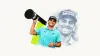 Joaquin Niemann smiles and lifts a black trophy while wearing a turquoise polo shirt, in a cream editorial collage.