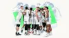 Dubai Basketball players form a team huddle in white uniforms, with a blue-grey halftone echo and green accent on cream.