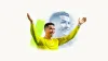 Cristiano Ronaldo smiles with both arms raised in a yellow training top, with a blue-grey echo and green accent on cream.