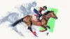 Forever Young gallops with a rider and number 1 saddlecloth in a cream, blue-grey and green editorial collage.