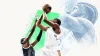 A Dubai Basketball player in white attempts a shot over a defender in black in a cream editorial collage.